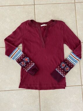 We The Free Women's Maroon Long Sleeve Thermal Top with Patterned Cuffs